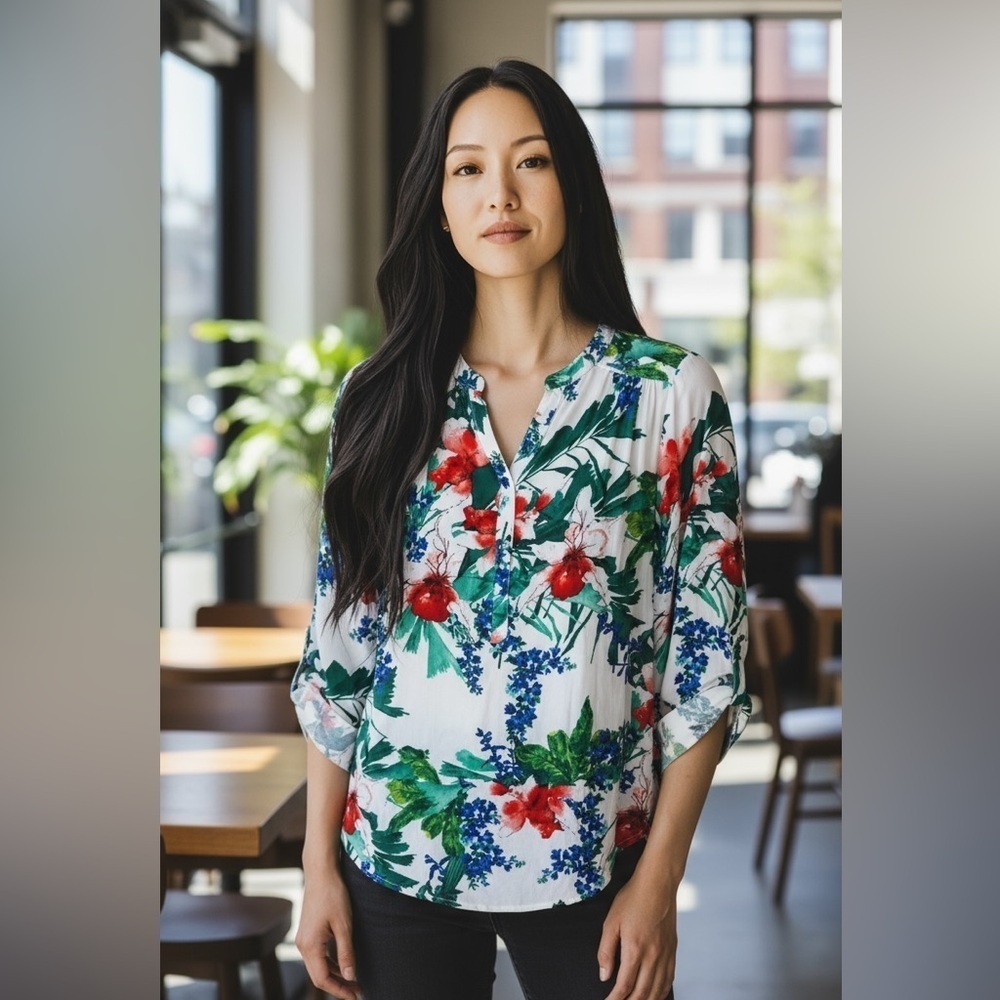 Karen Kane Floral Red Blue V Neck Blouse Women's‎ Size S